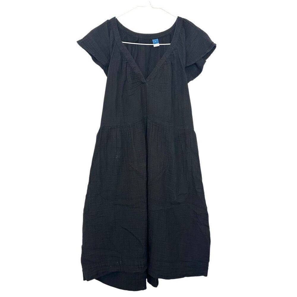 Old Navy V-Neck Short Flutter Sleeve Swing Cotton Black A-Line Dress Size Medium - Picture 2 of 4